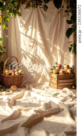 Styled Photography Scene with Apples in Wicker Basket and Wooden Crate 136536672