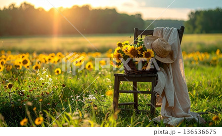 Dark Cottage Wooden Chair with Sunflower Basket and Straw Hat Dark Cottage Wooden Chair with Sunflower Basket and Straw Hat 136536675