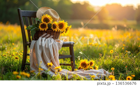 Dark Cottage Wooden Chair with Sunflower Basket and Straw Hat 136536676
