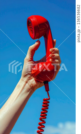 Woman Holding Red Vintage Telephone Against Bright Blue Sky 136536682