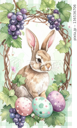 Watercolor Grape Vine Oval Frame with Bunny and Pastel Easter Eggs on Light Green Gingham Watercolor Grape Vine Oval Frame with Bunny and Pastel Easter Eggs on Light Green Gingham 136536706