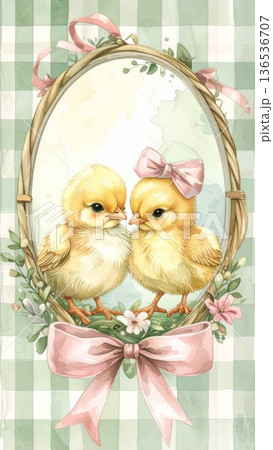 Watercolor Oval Ribbon Frame with Chicks on Muted Green Gingham Background Watercolor Oval Ribbon Frame with Chicks on Muted Green Gingham Background 136536707
