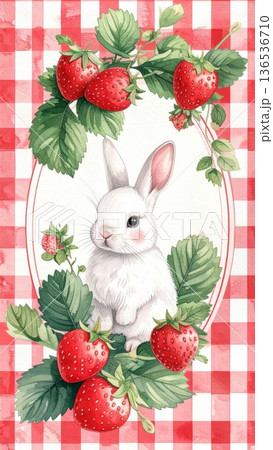 Watercolor Oval Frame Strawberry Vine with White Bunny on Red Gingham Background 136536710