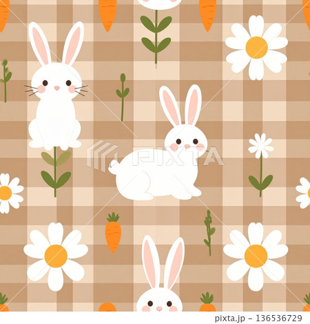 White Bunny with Carrot and Daisy Seamless Gingham Pattern White Bunny with Carrot and Daisy Seamless Gingham Pattern 136536729
