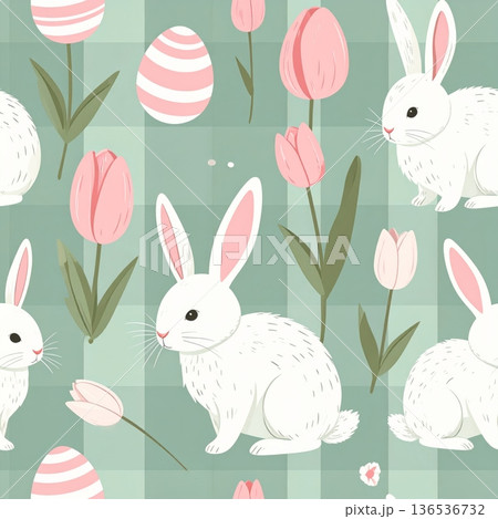 Generated Spring Bunny with Pink Striped Egg and Mini Tulips Seamless Gingham Pattern 136536732