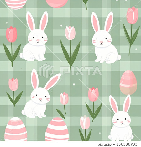 Generated Spring Bunny with Pink Striped Egg and Mini Tulips Seamless Gingham Pattern Generated Spring Bunny with Pink Striped Egg and Mini Tulips Seamless Gingham Pattern 136536733