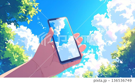 突き抜けるような青空と積乱雲の下でスマホを掲げる手のアニメイラスト：自由、接続、青春をテーマにした背 136536749