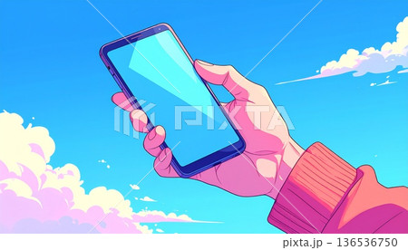 突き抜けるような青空と積乱雲の下でスマホを掲げる手のアニメイラスト：自由、接続、青春をテーマにした背 136536750