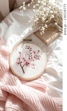 Embroidered Sakura Hoop on Bed with Knitted Blanket Book and White Dried Flowers 136536773