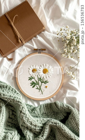 Embroidered Daisy Hoop on Bed with Knitted Blanket Book and White Dried Flowers Embroidered Daisy Hoop on Bed with Knitted Blanket Book and White Dried Flowers 136536783