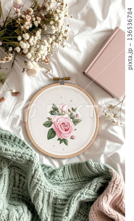 Embroidered Rose Hoop on Bed with Knitted Blanket Book and White Dried Flowers 136536784