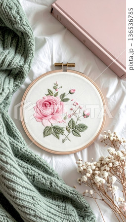 Embroidered Rose Hoop on Bed with Knitted Blanket Book and White Dried Flowers 136536785