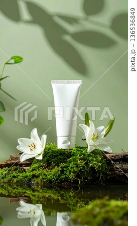 White Cream Tube with Lily on Mossy Wood 136536849