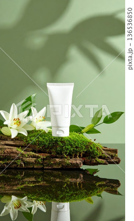 White Cream Tube with Lily on Mossy Wood 136536850