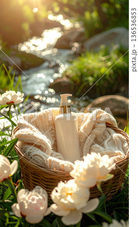 Pump Bottle Skincare with Peony Flowers 136536853
