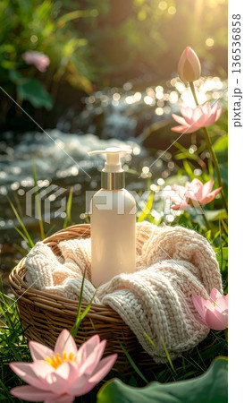 Pump Bottle Skincare with Lotus Flowers 136536858