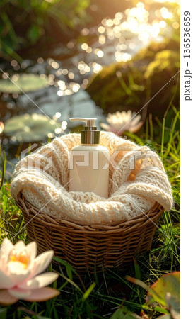 Pump Bottle Skincare with Lotus Flowers 136536859