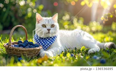 White Scottish Fold Cat with Blueberry Basket 136536895