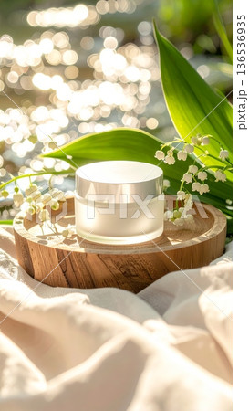 White Cosmetic Cream Jar with Lily of the Valley Flowers on Wooden Tray by a Clear Stream in Green Grass 136536935