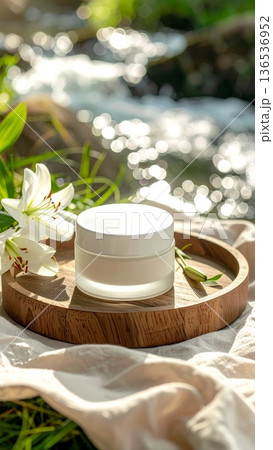 White Cosmetic Cream Jar with Lily Flowers on Wooden Tray by a Clear Stream in Green Grass 136536952