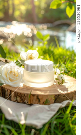 White Cosmetic Cream Jar with White Rose Flowers on Wooden Tray by a Clear Stream in Green Grass White Cosmetic Cream Jar with White Rose Flowers on Wooden Tray by a Clear Stream in Green Grass 136536961