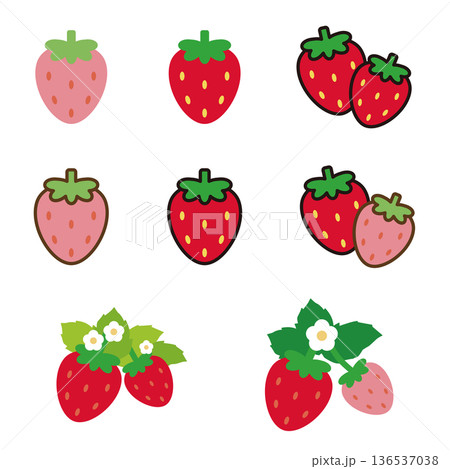 簡易シンプルで可愛いベタ塗り素材の葉付き赤色ピンク色イチゴの線画ベクターイラストアイコンセット 簡易シンプルで可愛いベタ塗り素材の葉付き赤色ピンク色イチゴの線画ベクターイラストアイコンセット 136537038