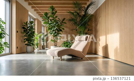 ラウンジチェアと観葉植物のあるモダンなミニマルインテリア 136537121