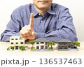 住宅模型の前でハンドサインをする男性 136537463