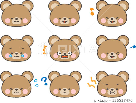 くまの顔アイコン　表情セット　線あり 136537476