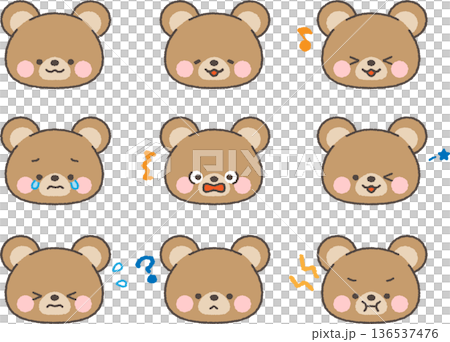 くまの顔アイコン　表情セット　線あり 136537476