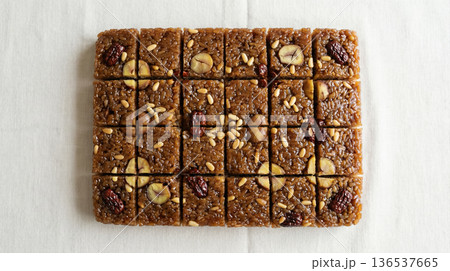 Top View Korean Yakbap Sweet Rice Squares with Chestnuts and Jujube Pattern 136537665