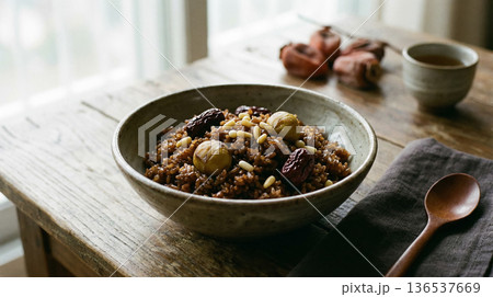 Korean Yakbap Sweet Rice Bowl on Wooden Table with Natural Light Setting Korean Yakbap Sweet Rice Bowl on Wooden Table with Natural Light Setting 136537669