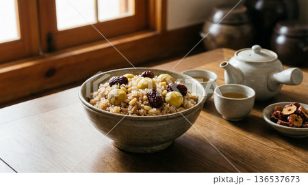 Korean Yakbap Sweet Rice Bowl with Tea Set Traditional Serving on Wooden Table 136537673