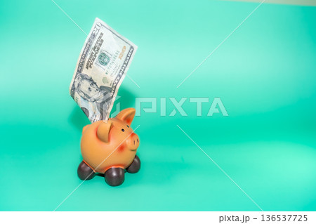 A piggy bank with a twenty-dollar bill sticking out, set against a vivid teal background, illustrating savings. A piggy bank with a twenty-dollar bill sticking out, set against a vivid teal background, illustrating savings. 136537725