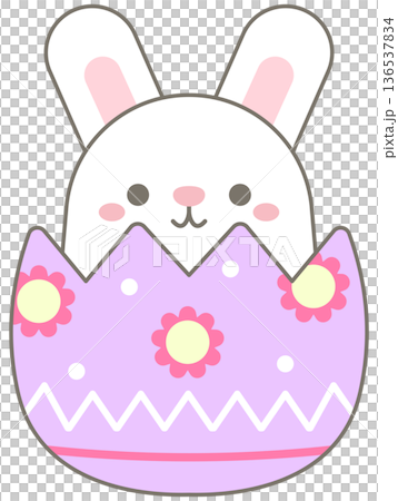 Cute Pastel Bunny Sitting in Floral Easter Egg for Spring Holiday 136537834