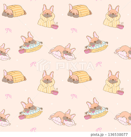 Cozy French Bulldog sleeping seamless pattern whimsical hand drawn doodle, playful Frenchie dog with blanket Cozy French Bulldog sleeping seamless pattern whimsical hand drawn doodle, playful Frenchie dog with blanket 136538077