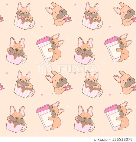 French bulldog in coffee cup seamless pattern hand drawn blep frenchie derp dog coffee addict background 136538079
