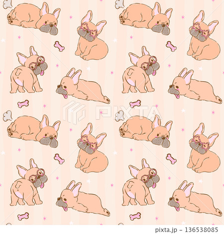 Grumpy Fawn French Bulldog seamless pattern whimsical hand drawn doodle, playful Frenchie 136538085