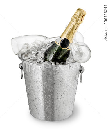 Bottle with two glasses rests in champagne buckets with ice isolated on white Bottle with two glasses rests in champagne buckets with ice isolated on white 136538243