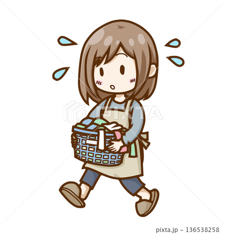 山積みの洗濯物を抱えて慌てる忙しい主婦のイラスト（家事・ワンオペ） 136538258