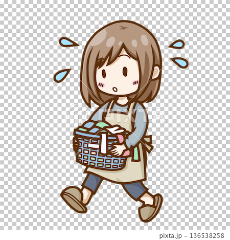 山積みの洗濯物を抱えて慌てる忙しい主婦のイラスト（家事・ワンオペ） 136538258