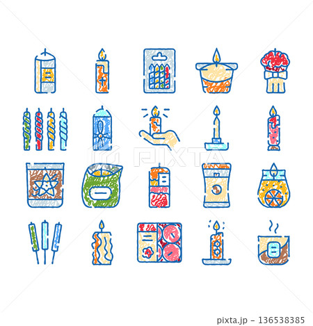 Hand drawing burning candles various shapes and types 136538385