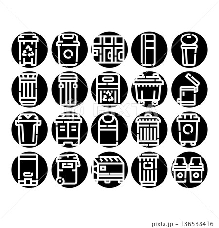 Waste segregation and recycling containers glyph icons Waste segregation and recycling containers glyph icons 136538416