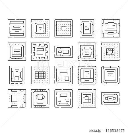 Microchip processor computer hardware components line icons 136538475