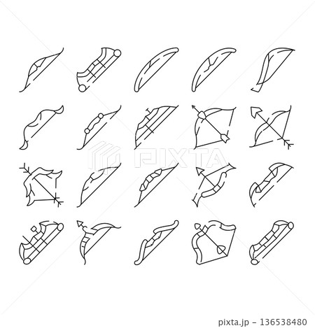 Archery bow weapon medieval equipment linear icons collection 136538480