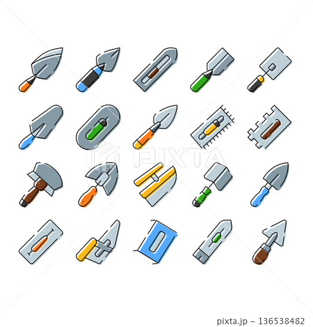 Construction tools collection including various trowels and spatulas Construction tools collection including various trowels and spatulas 136538482