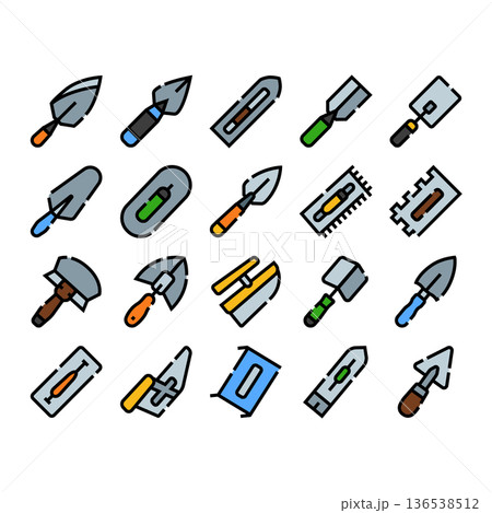 Construction tools and building worker equipment icons Construction tools and building worker equipment icons 136538512