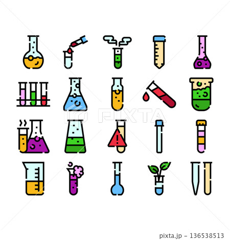 Chemistry laboratory research experiment glassware icons Chemistry laboratory research experiment glassware icons 136538513