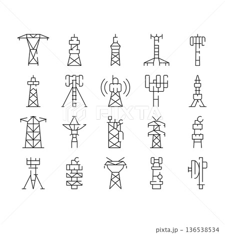 Communication and broadcasting antenna towers line art 136538534