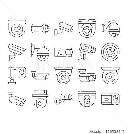 Security video surveillance cameras monitoring system line icons set 136538545